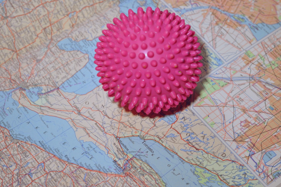 A texture ball over a map of the Toronto area 